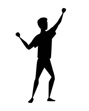 Beyaz arka plan üzerinde izole yükseltilmiş el çizgi film karakter tasarımı düz vektör illüstrasyon ile spor takım elbise giyen siyah siluet adam