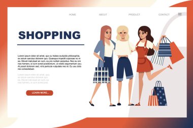 Beyaz arka plan web sitesi sayfa tasarımı birçok çeşitli alışveriş çantaları çizgi film karakter tasarımı düz vektör illüstrasyon tutan Mutlu kadınlar