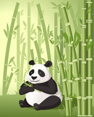 Sevimli büyük panda yeme bambu düz vektör illüstrasyon ile Bambu ağaçları asya orman manzara