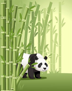 Sevimli büyük panda düz vektör illüstrasyon ile Bambu ağaçları asya orman manzara