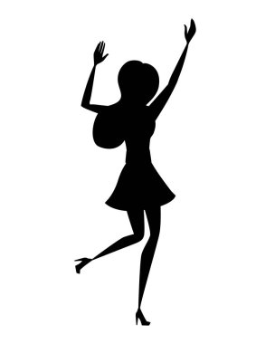 Beyaz arka plan üzerinde izole yukarı kaldırdı kollar karikatür karakter tasarımı düz vektör illüstrasyon ile rahat giysiler siyah siluet mutlu kadın