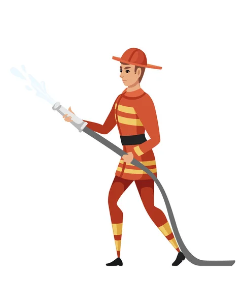 Volwassen mannelijke brandweerman staan op de grond dragen brandwerende vorm houden van een brand slang en het opzetten van een vuur met water cartoon karakter ontwerp platte vector illustratie — Stockvector