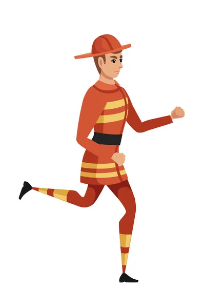 Bombero masculino adulto corriendo en el suelo usando forma incombustible diseño de personajes de dibujos animados ilustración vectorial plana — Vector de stock