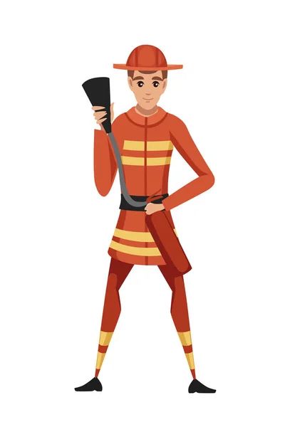 Взрослый пожарный мужчина стоит на земле в огнеупорной форме, держа огнетушитель и готовый к рисованию мультяшных персонажей. — стоковый вектор