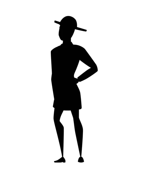 Nero silhouette adulto maschio vigile del fuoco stand a terra indossando forma ignifuga cartone animato personaggio disegno piatto vettore illustrazione — Vettoriale Stock