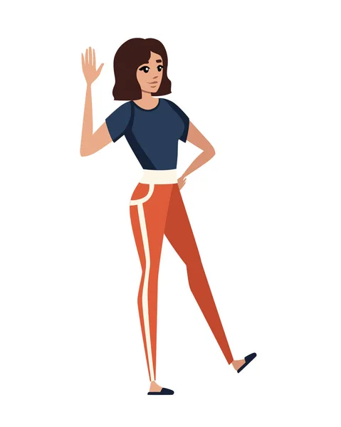 Mujer feliz en ropa casual deporte con el brazo levantado dibujo animado diseño de personajes vector plano ilustración aislado sobre fondo blanco — Vector de stock