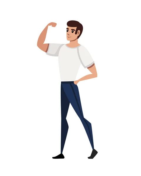 Hombre con traje deportivo muestran los músculos dibujos animados diseño de personajes ilustración vectorial plana aislado sobre fondo blanco — Vector de stock