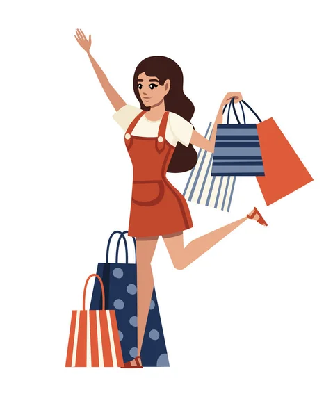 Lycklig kvinna innehar många olika shoppingväskor tecknad karaktär design Flat vektor illustration isolerad på vit bakgrund — Stock vektor