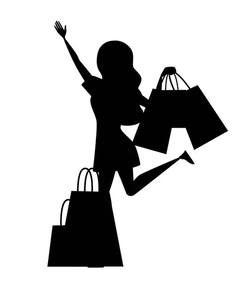 Silhueta preta mulher feliz segurando os muitos vários sacos de compras desenho animado personagem ilustração vetorial plana isolado no fundo branco — Vetor de Stock