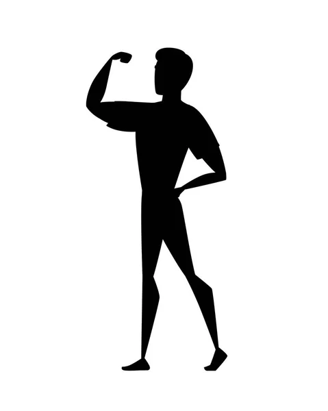 Silhouette noire homme en costume de sport montrer les muscles dessin animé personnage conception plat vecteur illustration isolé sur fond blanc — Image vectorielle