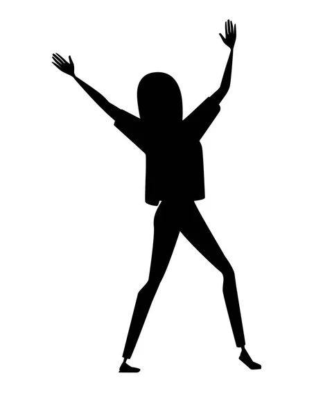 Černá silueta šťastné ženy ve sportovních šatech se zdviženýma rukama kreslený design, plochý vektorový obrázek izolovaný na bílém pozadí — Stockový vektor