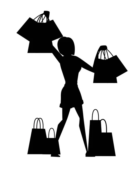 Zwarte silhouet gelukkige vrouw houden van de vele verschillende boodschappentassen cartoon karakter ontwerp platte vector illustratie geïsoleerd op witte achtergrond — Stockvector