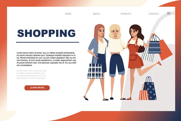 Glückliche Frauen halten die vielen verschiedenen Einkaufstüten Cartoon Charakter Design flache Vektor Illustration auf weißem Hintergrund Web-Site-Design — Stockvektor