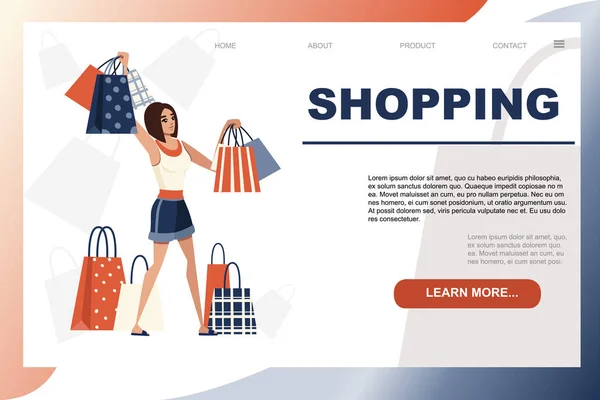 Mujer feliz sosteniendo las muchas bolsas de compras de dibujos animados diseño de personajes plana vector ilustración sobre fondo blanco diseño de la página web del sitio — Vector de stock