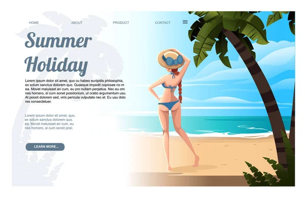 Güzel kadın iyi güneşli gün düz vektör illüstrasyon web sitesi sayfa tasarımı palmiye ağaçları ve bitkiler ile sahil güzel deniz kıyısı plaj plaj tropikal manzara standı — Stok Vektör