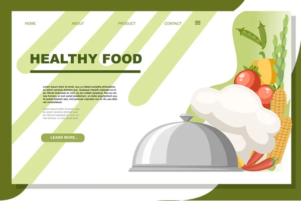 Zilveren restaurant Cloche met witte chef-kok hoed en groenten platte vector illustratie op witte en groene achtergrond website paginaontwerp — Stockvector