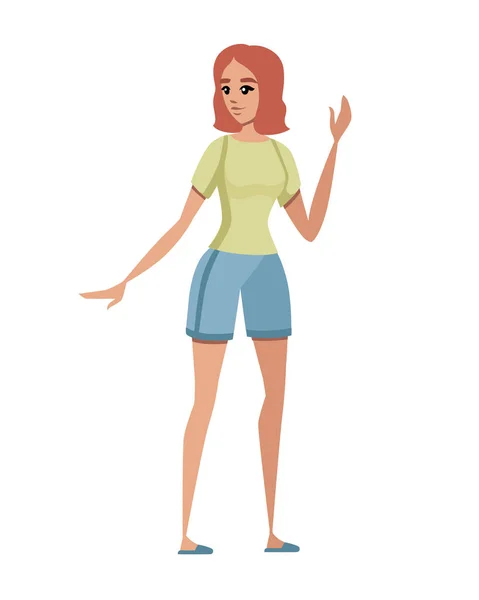 Mulher feliz em roupas casuais com braço levantado desenho de desenho animado figura vetorial plana ilustração isolada no fundo branco — Vetor de Stock