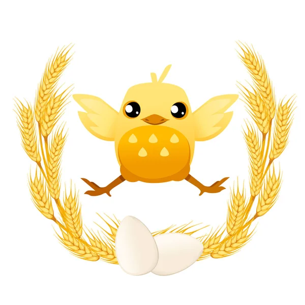 Koszorú arany búza, két fehér csirke tojás és jumping aranyos kis csaj lapos vektor illusztráció fehér háttér — Stock Vector