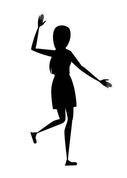 Černá silueta ženy v příležitostných šatech se zdviženou paží uvítání gesto kreslený charakter design plochý vektorový obrázek izolovaný na bílém pozadí — Stockový vektor