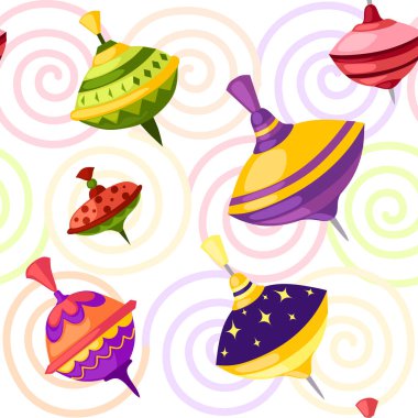 Renkli arka plan üzerinde farklı form ve doku desenleri düz vektör illüstrasyon ile çocuk oyuncak whirligig spinner Dikişsiz desen