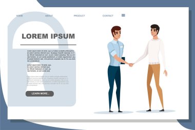 Beyaz arka plan web sitesi sayfa tasarımı el sıkışma iki arkadaş adam toplantı karikatür karakter tasarımı düz vektör illüstrasyon