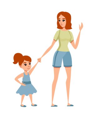 Kızı ile anne rahat giysiler karikatür karakter tasarımı düz vektör illüstrasyon beyaz arka plan izole açık yürüyüş