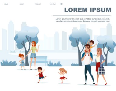 Mutlu aile soyut mavi renkli düz vektör illüstrasyon yatay afiş web sitesi sayfa tasarımı boyalı modern kentsel şehir parkı etrafında yürüyor