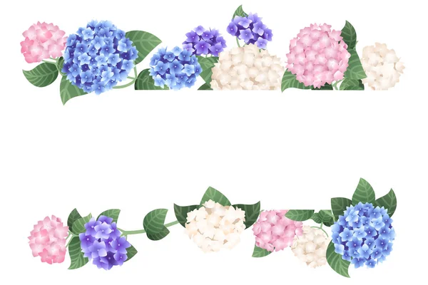 Horizontale kleurrijke hortensia sjabloonontwerp banner platte vector illustratie op witte achtergrond — Stockvector
