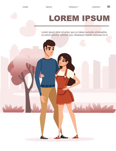Férfi és a nők a szerelem ölelgetés pár rajzfilmfigura design lapos vektor illusztráció a modern városi park táj festett világos piros színben honlap oldal tervezés — Stock Vector