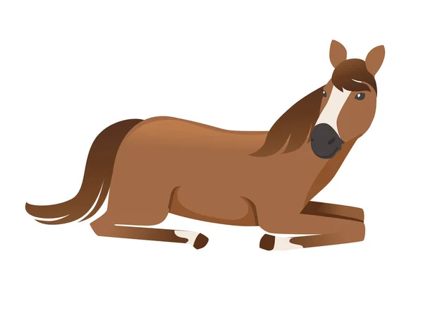 Cavalo castanho selvagem ou doméstico deitado no chão animal desenho animado plano vetor ilustração isolado no fundo branco — Vetor de Stock
