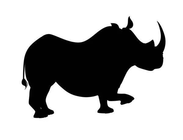 Siyah siluet afrika gergedan yan görünüm karikatür hayvan tasarımı düz vektör illüstrasyon beyaz arka plan izole — Stok Vektör