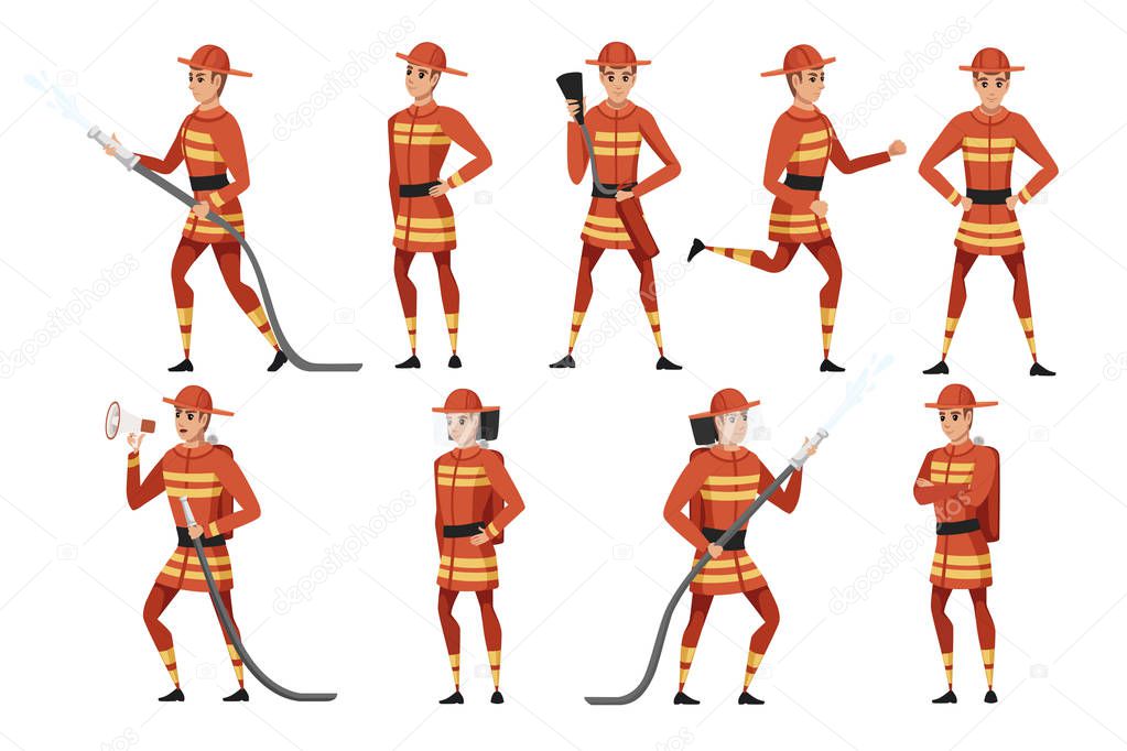 Set of adult male firefighter stand on ground wearing fireproof form cartoon character design flat vector illustration