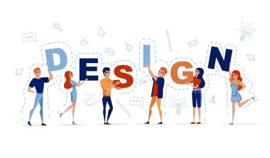 Arkaplan düz vektör illüstrasyonunda simgesi olan harf tutan kadın ve erkeğin tasarım konsepti