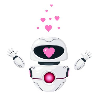 Sevimli beyaz modern yükselen robot ellerini kaldırdı ve pembe kalpli sevgi dolu yüz düz vektör çizimi beyaz arka planda izole edildi.