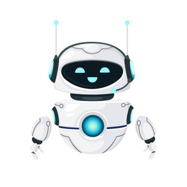 Beyaz arka planda izole edilmiş, mutlu yüz düz vektör çizimi olan sevimli, beyaz, modern yükselen robot.