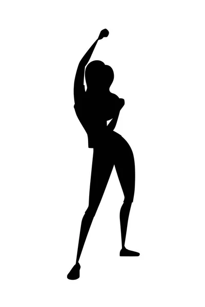 Silhouette nera giovane donna felice con mano alzata cartone animato personaggio design piatto vettore illustrazione isolato su sfondo bianco — Vettoriale Stock