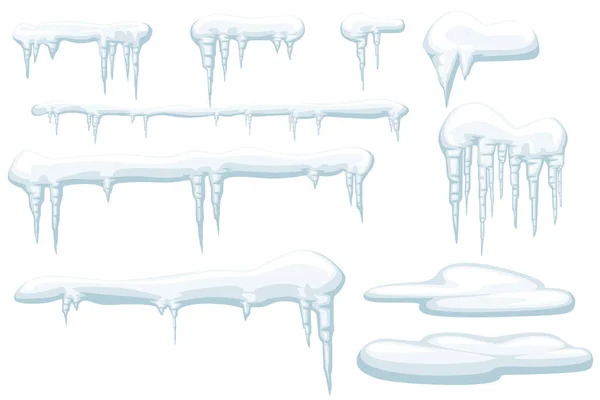 Set of snow icicles and snow caps winter elements flat vector illustration isolated on white background — Stock Vector