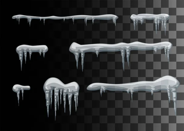 Set of snow icicles and snow caps winter elements flat vector illustration isolated on transparent background — Stock Vector