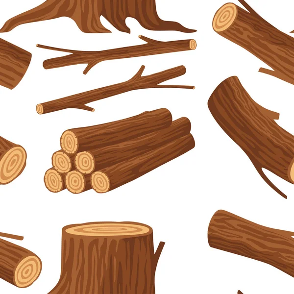 Padrão sem costura com toras de madeira para a indústria madeireira com troncos toco e pranchas ilustração vetorial plana sobre fundo branco — Vetor de Stock