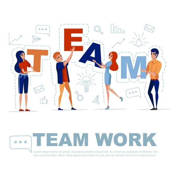 Teamwork-Konzept mit Mann und Frau, die Buchstaben halten Team mit Symbol auf Hintergrund flache Vektorillustration — Stockvektor