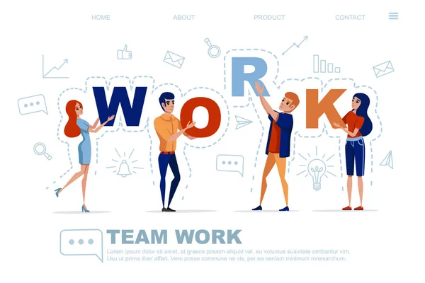 Teamwork koncept med mand og kvinde holder bogstaver ARBEJDE med ikon på baggrund flad vektor illustration – Stock-vektor