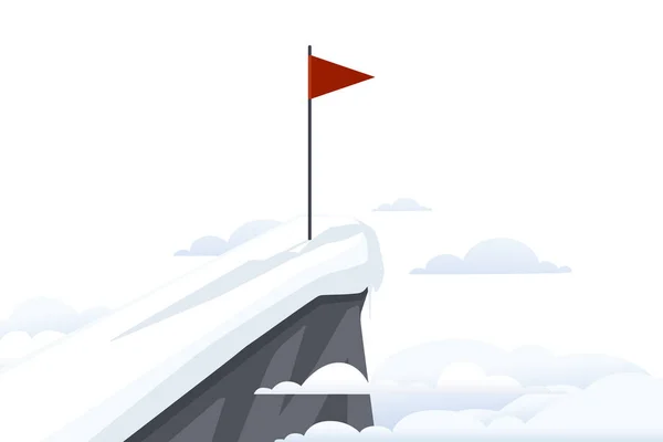 Drapeau rouge sur sommet enneigé avec nuages paysage plat vecteur illustration — Image vectorielle