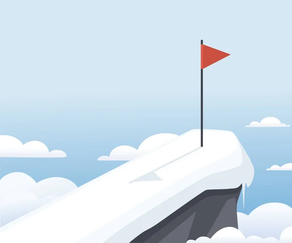 Bandera roja en pico de montaña nevada con nubes paisaje plano vector ilustración — Vector de stock