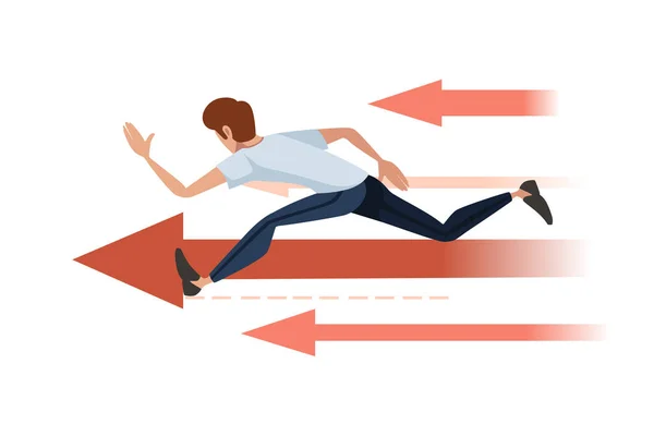 Hombre corriendo sobre el concepto de flecha roja dibujo animado diseño de personajes vector plano ilustración sobre fondo blanco — Vector de stock