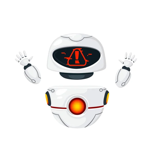 Söt vit modern levitating robot upp händerna och med alert ansikte platt vektor illustration isolerad på vit bakgrund — Stock vektor