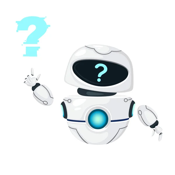 Lindo blanco moderno robot levitante agitando la mano y con signo de interrogación cara plana vector ilustración aislada sobre fondo blanco — Archivo Imágenes Vectoriales