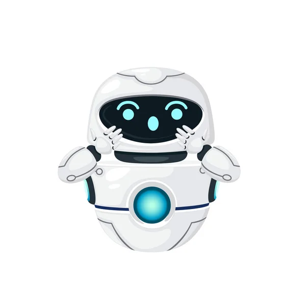 Lindo blanco moderno robot levitante con cara feliz ilustración vector plano aislado sobre fondo blanco — Archivo Imágenes Vectoriales