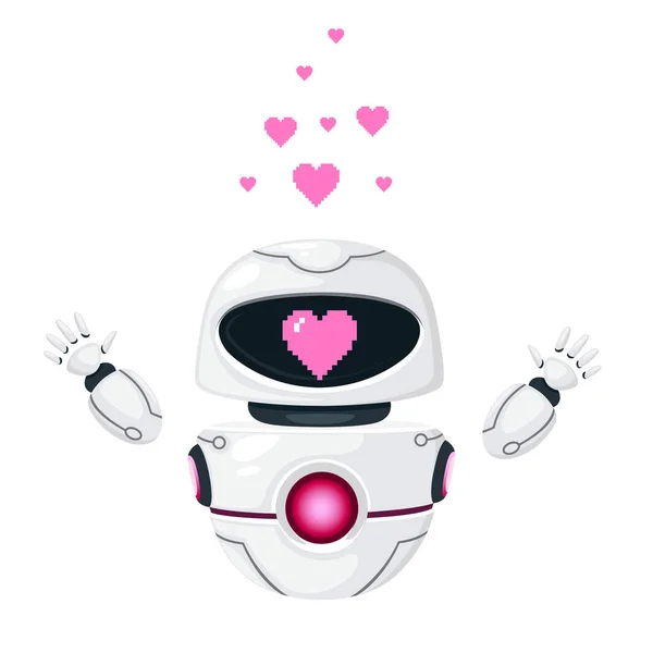 Lindo blanco moderno robot levitante levantado las manos y con corazón rosa amor cara plana vector ilustración aislado sobre fondo blanco — Vector de stock