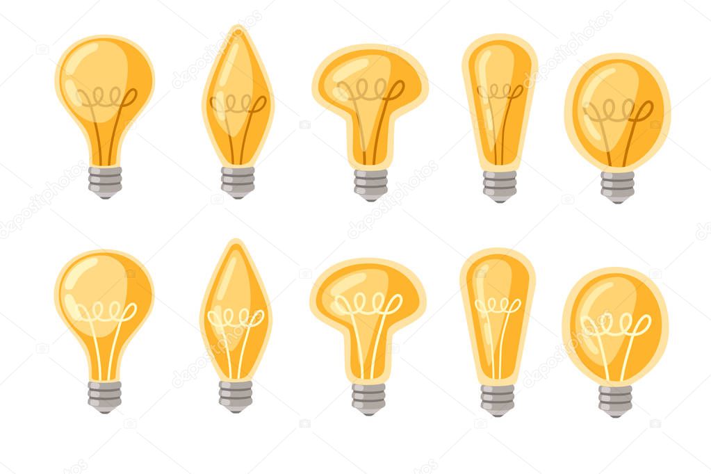 Set of flat cartoon incandescent lamps yellow retro light bulbs vector illustration isolated on white background