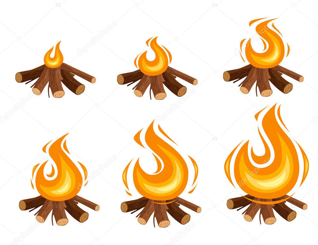 Set of campfire sprites burning wooden logs and camping stones flat vector illustration isolated on white background